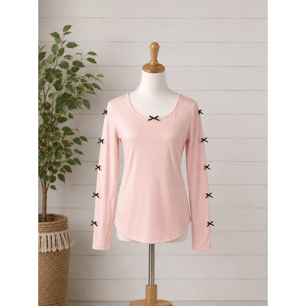 IZ Byer Girl Pink Long Sleeve Bow Top Balletcore Kids Size M 10-12 Scoop Neck